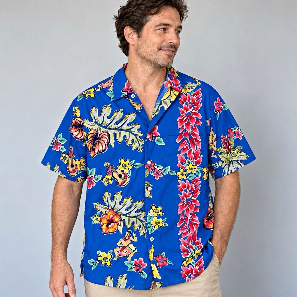 Reyn Spooner Hawaiian Shirt Mens M Blue Ukulele Floral Cotton Aloha Made in USA